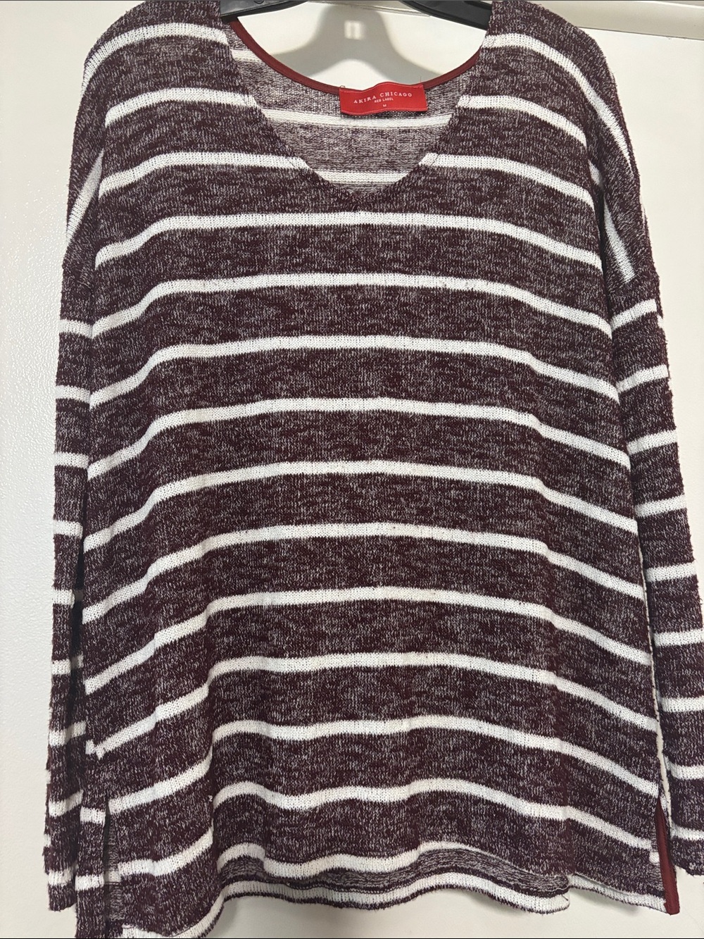 Akira Chicago Red Label Maroon and White Striped Scoop Neck Sweater